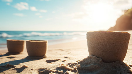 Close-up of sandcastle molds on a sunny beach, leaving space for copyの素材