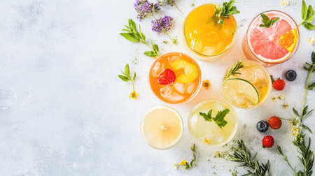 Colorful summer cocktails with fruit garnish, leaving ample space for copyの素材