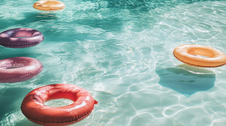 Colorful pool floats on a sunny day, leaving room for copy in the clear waterの素材