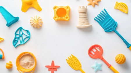 Assorted beach toys, including a sandcastle mold and rake, on a white background with copy spaceの素材