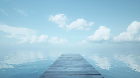 Empty fishing pier extending over the water, with space for copy in the skyの素材
