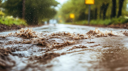 Close-up of muddy floodwaters rushing over a road, with room for copy in the surrounding areaの素材
