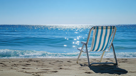 Empty beach chair facing the sea on a sunny summer day, with room for copyの素材