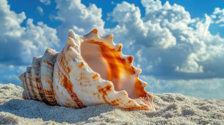 Close-up of a seashell on the sand, with room for text against the summer skyの素材