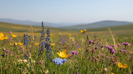 Close-up of wildflowers in a European meadow, with rolling hills and clear sky for copy spaceの素材