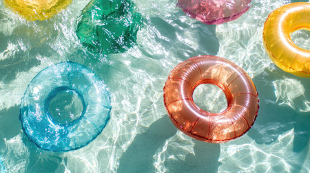 Colorful pool floats on a sunny day, leaving room for copy in the clear waterの素材