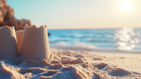 Close-up of sandcastle molds on a sunny beach, leaving space for copyの素材