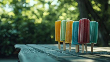 Colorful popsicles on a wooden picnic table, with room for copy in the backgroundの素材