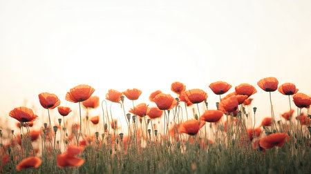 European poppy fields under a clear sky, vibrant red blooms with ample copy space in the backgroundの素材
