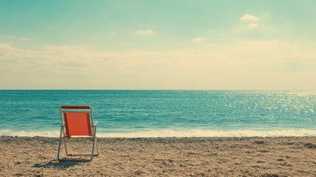 Empty beach chair facing the sea on a sunny summer day, with room for copyの素材
