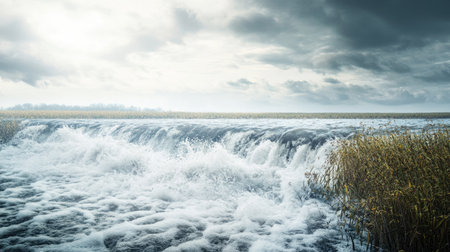 Overflowing river flooding into a nearby field, with open space for text or brandingの素材