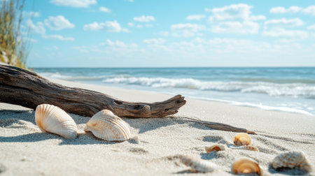 Quiet summer beach with driftwood and seashells, with space for text in the sandの素材