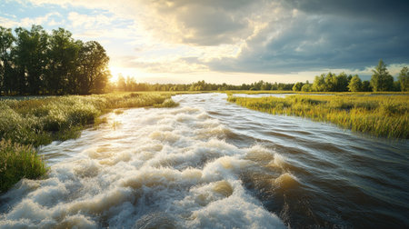 Overflowing river flooding into a nearby field, with open space for text or brandingの素材