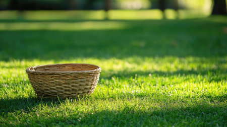 Empty picnic basket on a green lawn under the summer sun, with room for textの素材