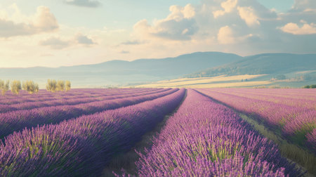 Lavender fields stretching across the European countryside, leaving space for text in the serene backgroundの素材