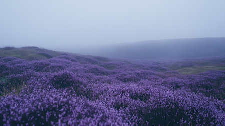 Purple heather fields stretching across the European landscape, with ample space for textの素材