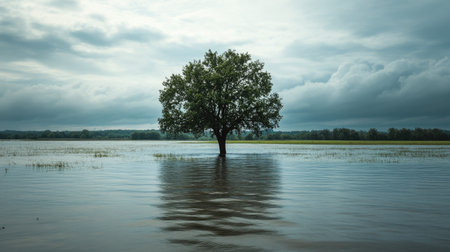 Floodwaters surrounding an isolated tree in a field, with plenty of space for text or brandingの素材