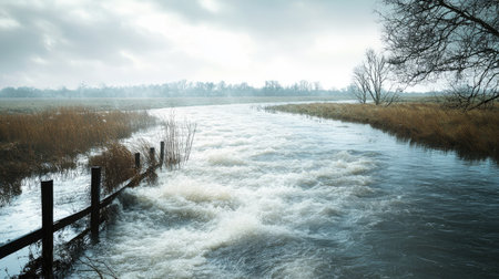 Overflowing river flooding into a nearby field, with open space for text or brandingの素材