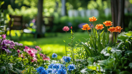 Summer garden with blooming flowers, leaving room for copy in the bright skyの素材