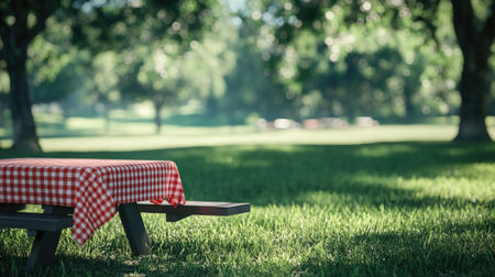 Summer picnic table set up in a park, with ample space for copy in the backgroundの素材