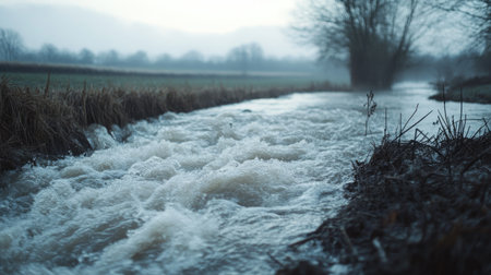 Overflowing river flooding into a nearby field, with open space for text or brandingの素材