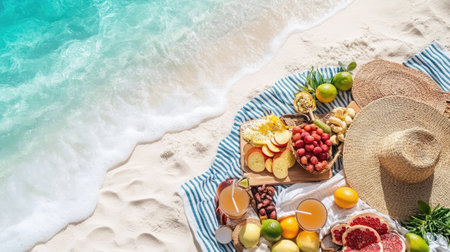 Summer beach picnic with fruit and snacks, leaving plenty of space for copyの素材