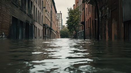 Urban street flooded with water, showing submerged sidewalks and leaving space for copyの素材