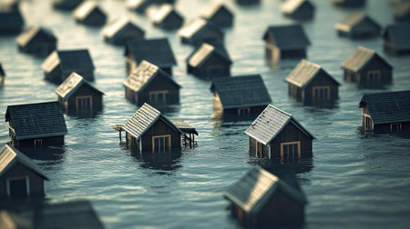 Submerged houses in a flood-affected area, leaving space for copy or brandingの素材