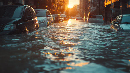 Urban street flooded with water, showing submerged sidewalks and leaving space for copyの素材