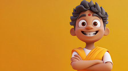 3D Indian cartoon character with a wide grin, standing with arms crossed, and plenty of space for copyの素材