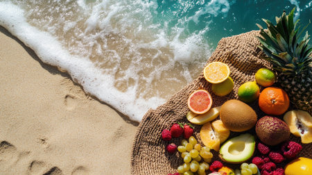 Summer beach picnic with fruit and snacks, leaving plenty of space for copyの素材