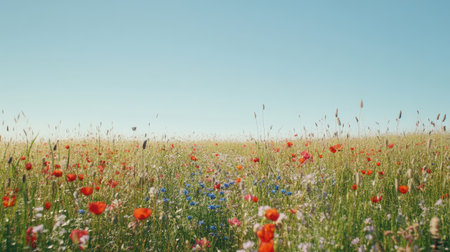 Wide shot of an open meadow filled with wildflowers, with space for text in the clear skyの素材