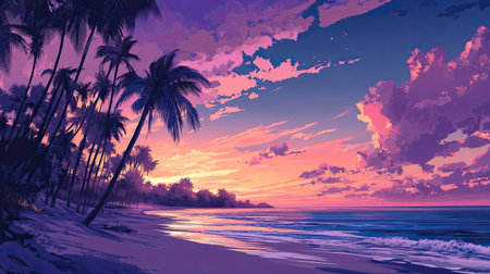 Tropical palm-lined beach at sunset, leaving room for text in the skyの素材