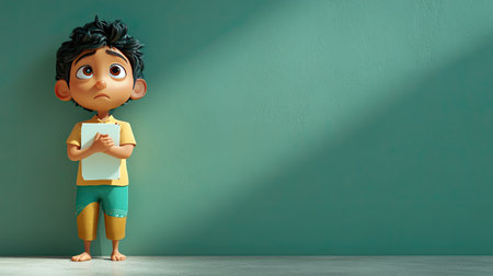 Thoughtful 3D Indian cartoon character leaning against a wall, leaving space for copy aroundの素材