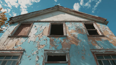 Abandoned, weathered building with peeling paint and ample sky for copy. No signs of lifeの素材