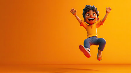 A joyful 3D Indian cartoon character jumping with joy, with space around for copy or brandingの素材