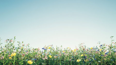 Wide shot of an open meadow filled with wildflowers, with space for text in the clear skyの素材