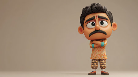 3D Indian cartoon character with folded arms and a bored expression, leaving open space for copyの素材