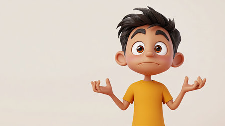 A confused 3D Indian cartoon character shrugging, with blank background space for textの素材