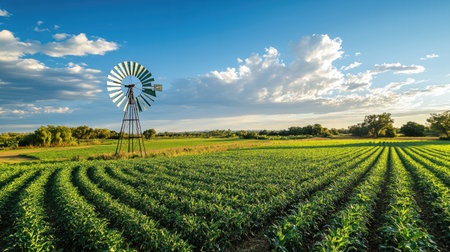 A farm windmill surrounded by crops, with plenty of clear sky for copy space. No people visibleの素材