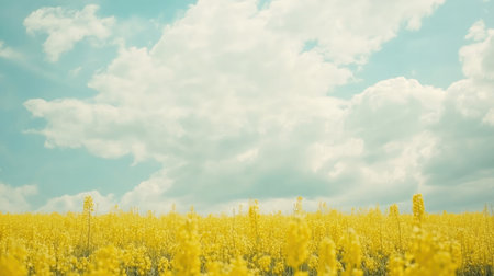Yellow rapeseed fields in Europe under a bright sky, with plenty of space for copy or brandingの素材