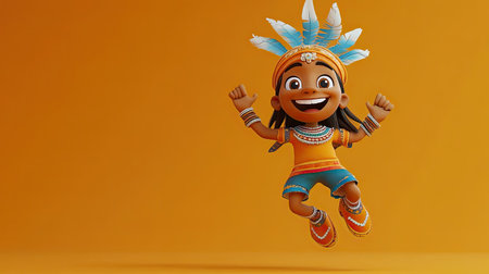 An excited 3D Indian cartoon character jumping in the air, with plenty of space for copy in the backgroundの素材