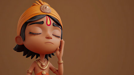 3D Indian cartoon character in deep thought, with eyes closed and fingers on temple, leaving space for copyの素材