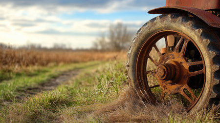 Close-up of a tractor wheel in a farm field, with plenty of space around for copy or branding.の素材