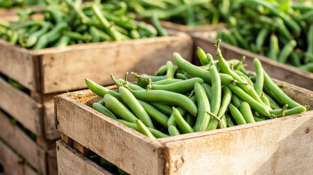 Close-up of freshly picked green beans in crates, with open space for text or brandingの素材