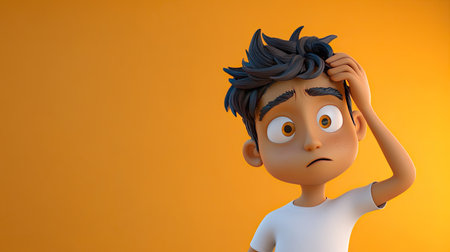 A puzzled 3D Indian cartoon character scratching his head, with space for text in the backgroundの素材