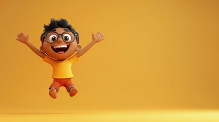 A joyful 3D Indian cartoon character jumping with joy, with space around for copy or brandingの素材