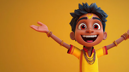 3D Indian cartoon character smiling with arms wide open, leaving room for copy in the backgroundの素材