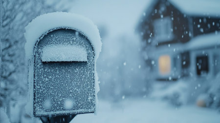 Close-up of frost-covered mailbox with snow falling, space for copy in the snowy backgroundの素材