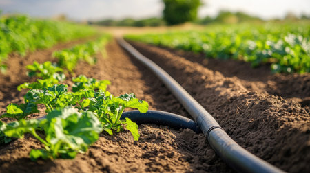 Close-up of irrigation hoses running through a field of crops, with ample room for text or brandingの素材